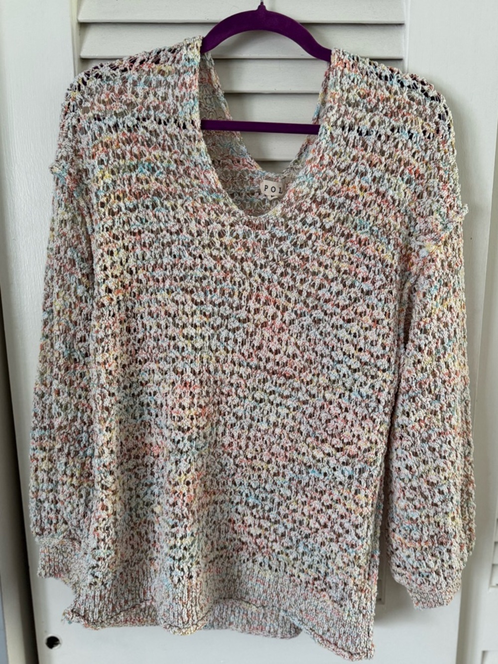 POL Pastel Multicolor Open-Knit V-Neck Sweater